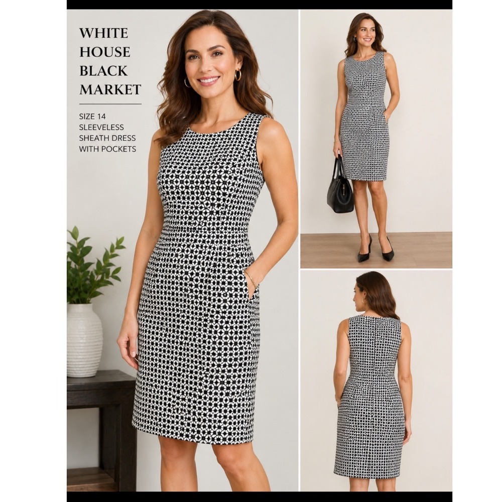 White House Black Market Dress 14 Black White Geometric Sleeveless Sheath Pocket